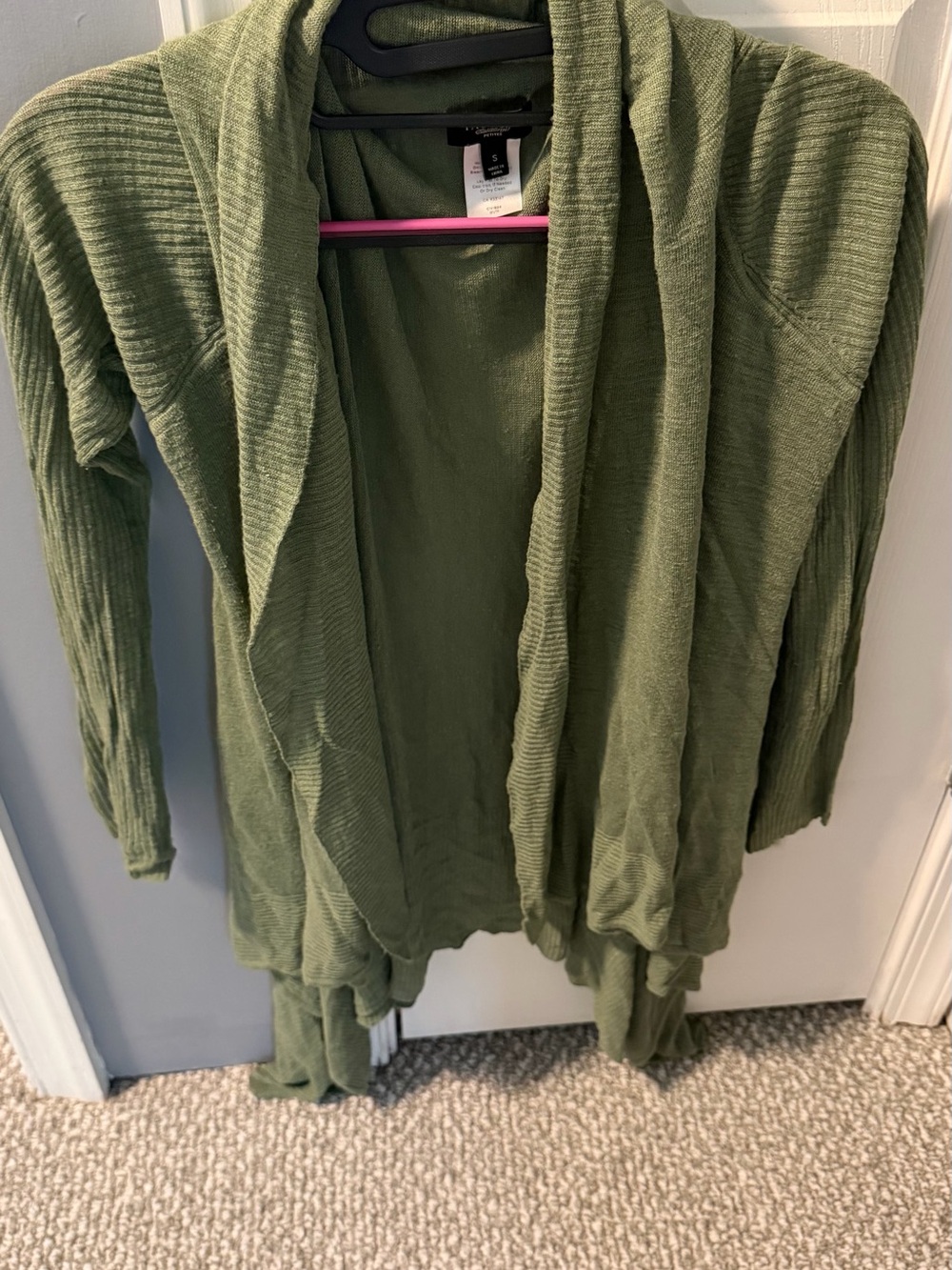 Olive Green Open-Front Talbots petite small Cardigan Sweater runs large